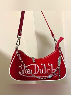 Von Dutch Red Shoulder Bag with Crystal Logo and Chain Strap